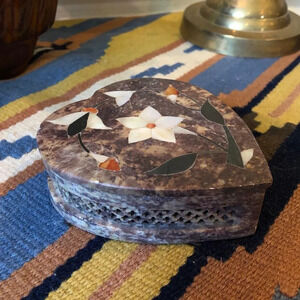 Marble Trinket Dish Mother of Pearl‎ Floral Motif Inlay